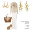 Khaki Pussybow Shirt with Rich Golden Earrings
